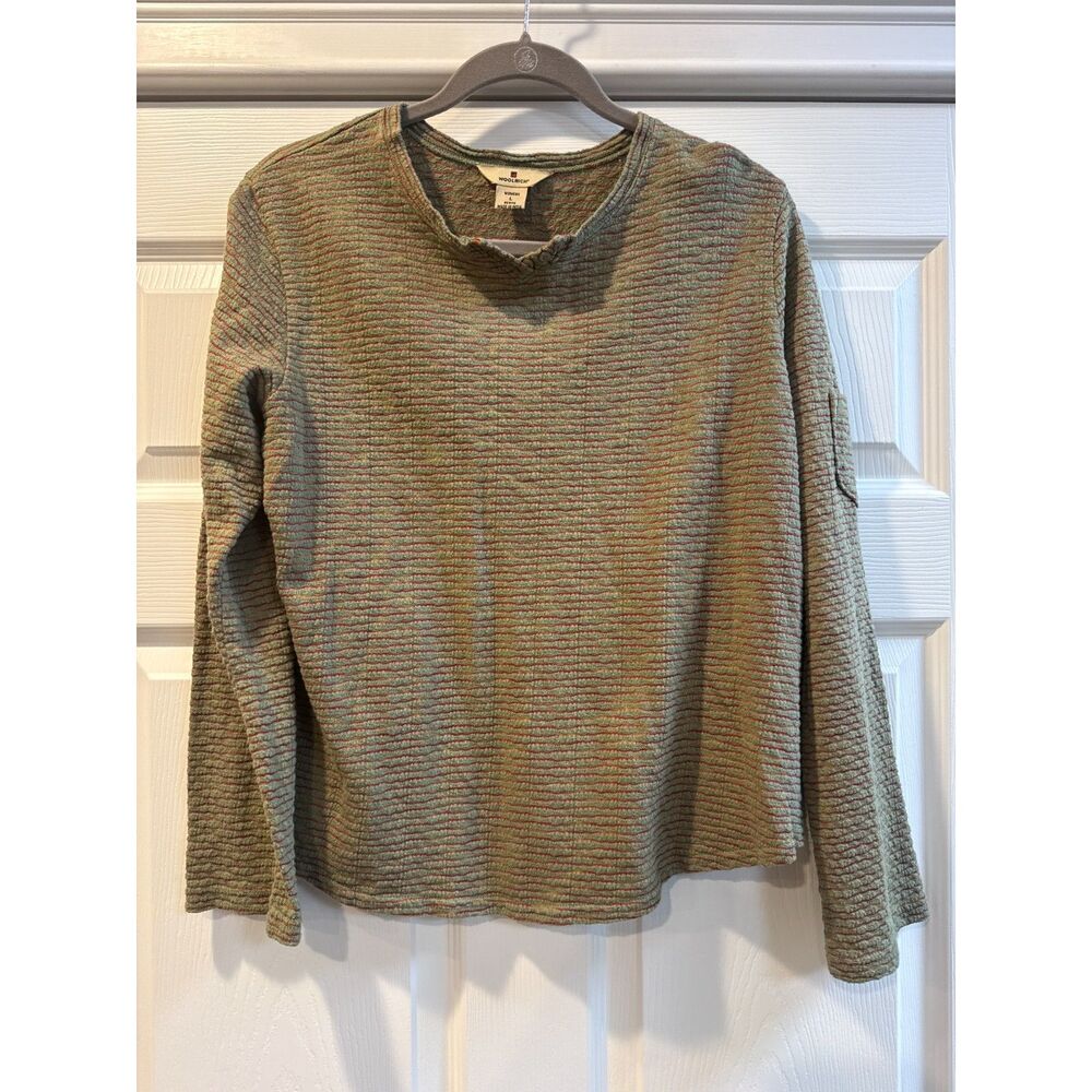 Woolrich Textured Long Sleeve Womens Petite Large Green Orange Bell Sleeve
